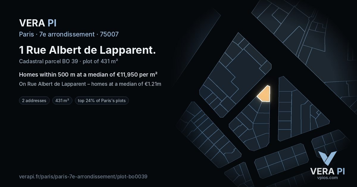 1 Rue Albert de Lapparent, 7e arrondissement at night – the plot lit, the parcels around coloured by the prices near them
