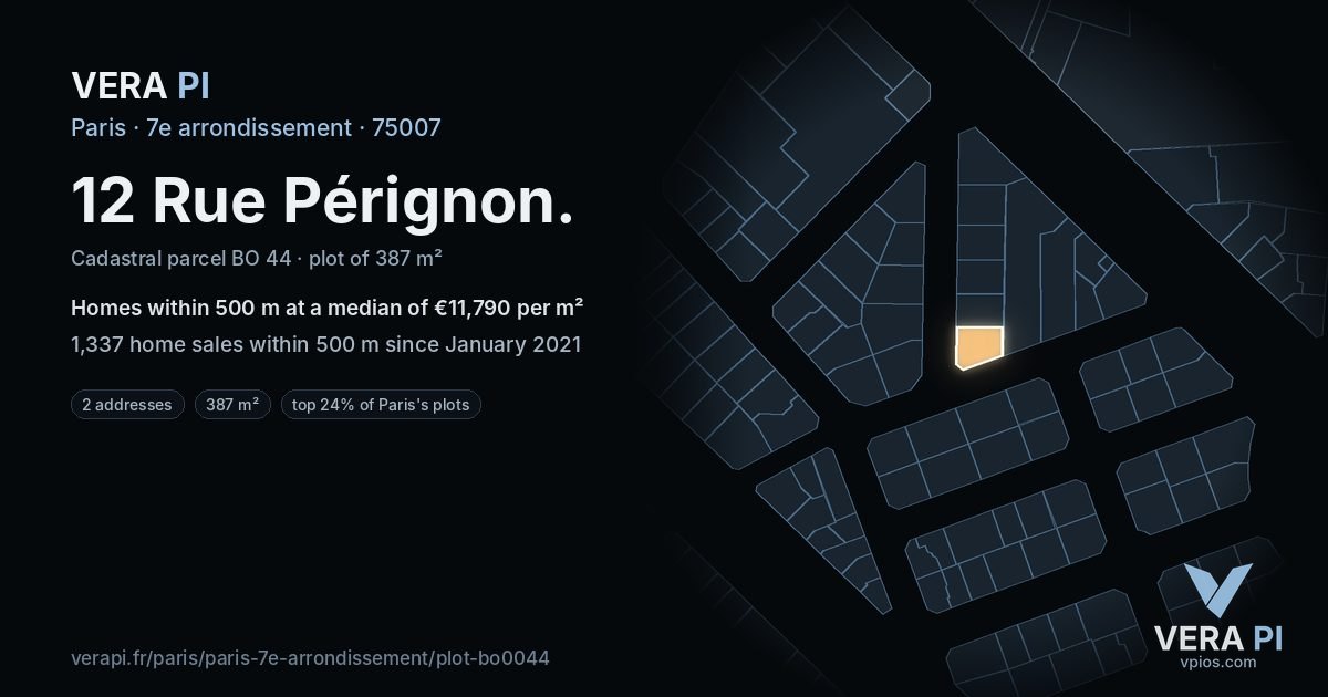 12 Rue Pérignon, 7e arrondissement at night – the plot lit, the parcels around coloured by the prices near them