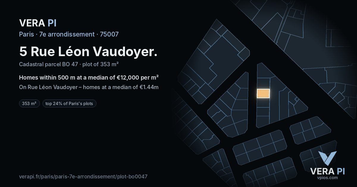 5 Rue Léon Vaudoyer, 7e arrondissement at night – the plot lit, the parcels around coloured by the prices near them