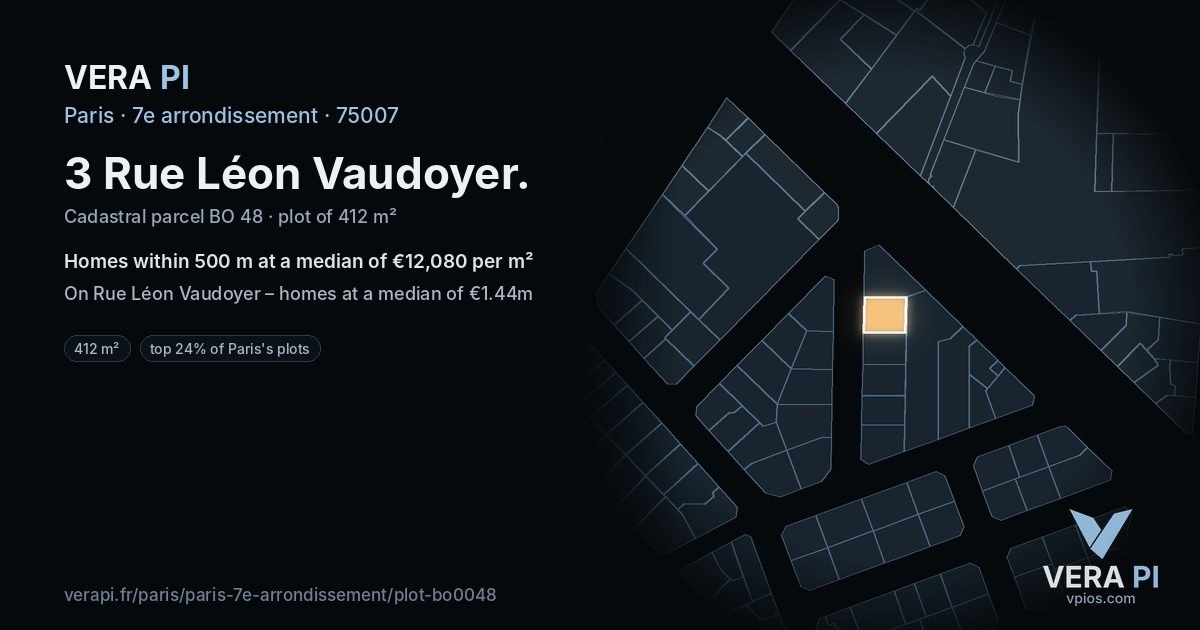 3 Rue Léon Vaudoyer, 7e arrondissement at night – the plot lit, the parcels around coloured by the prices near them