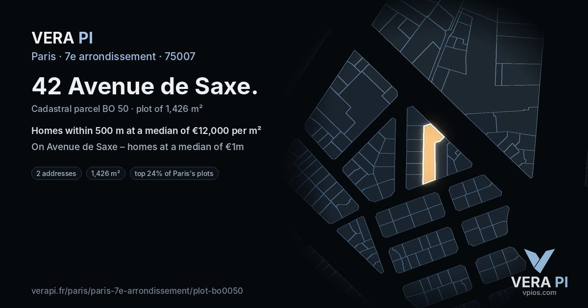 42 Avenue de Saxe, 7e arrondissement at night – the plot lit, the parcels around coloured by the prices near them