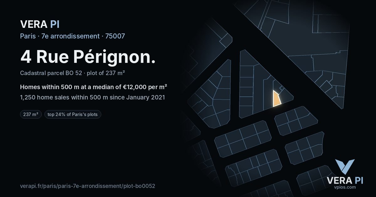 4 Rue Pérignon, 7e arrondissement at night – the plot lit, the parcels around coloured by the prices near them