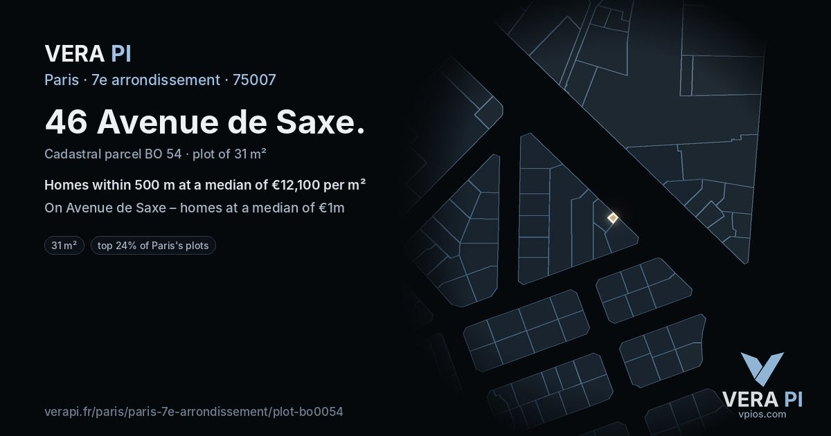 46 Avenue de Saxe, 7e arrondissement at night – the plot lit, the parcels around coloured by the prices near them