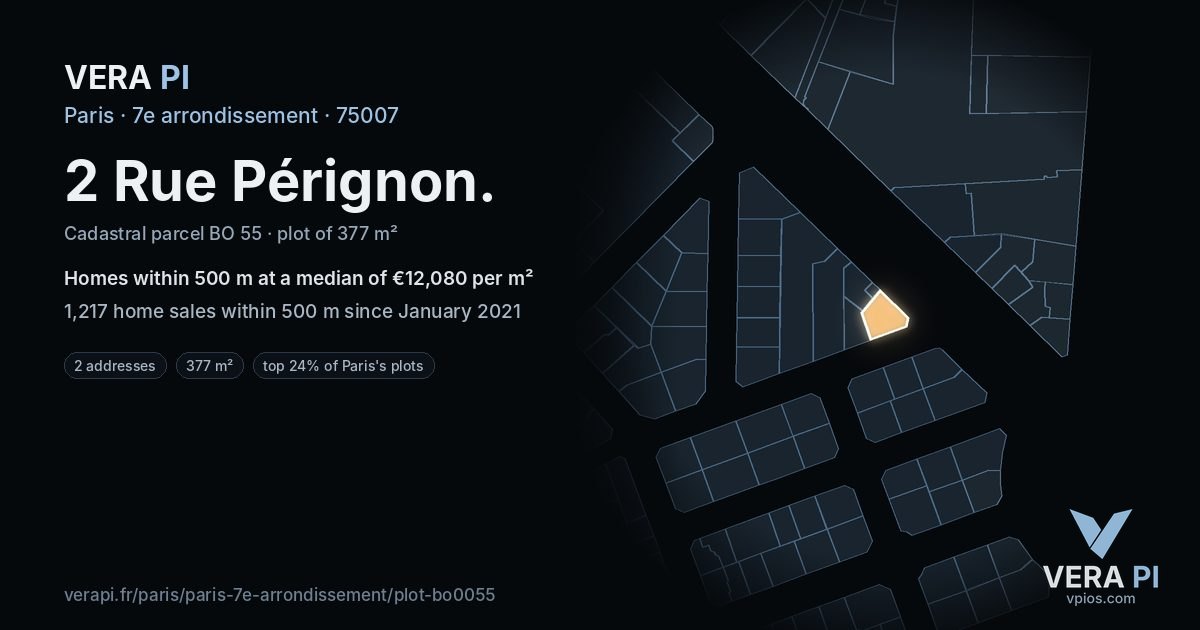 2 Rue Pérignon, 7e arrondissement at night – the plot lit, the parcels around coloured by the prices near them