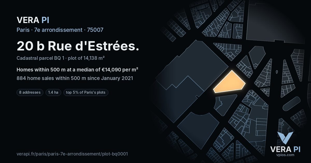 20 b Rue d'Estrées, 7e arrondissement at night – the plot lit, the parcels around coloured by the prices near them