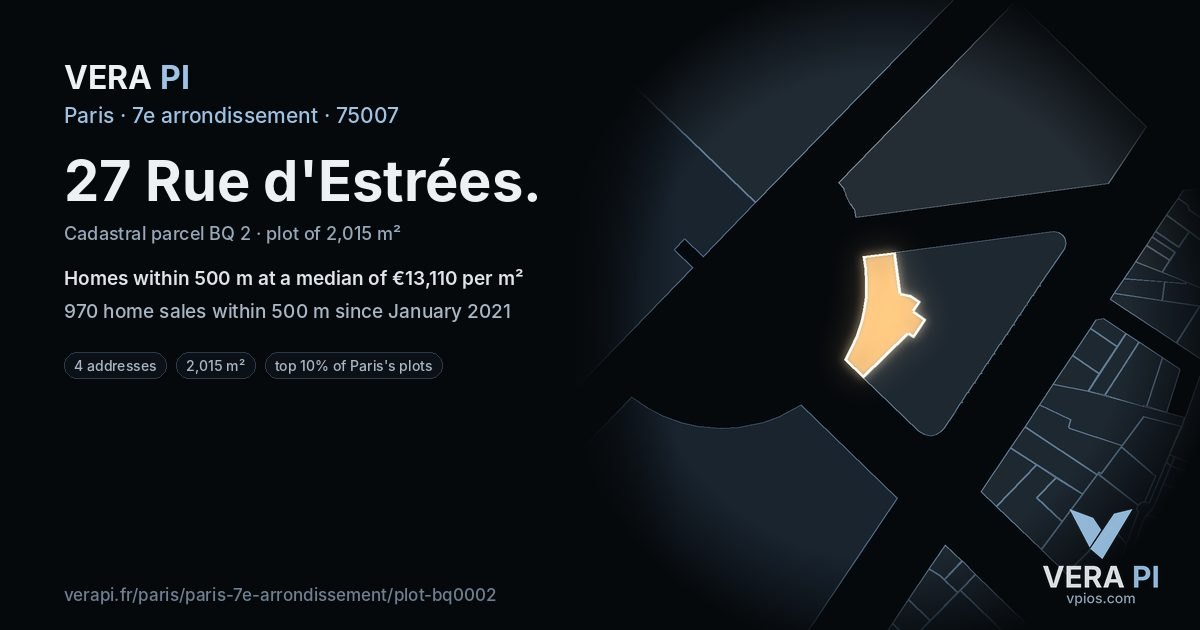27 Rue d'Estrées, 7e arrondissement at night – the plot lit, the parcels around coloured by the prices near them