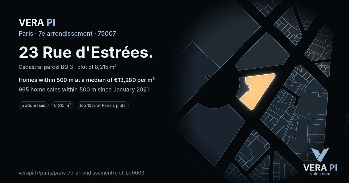 23 Rue d'Estrées, 7e arrondissement at night – the plot lit, the parcels around coloured by the prices near them