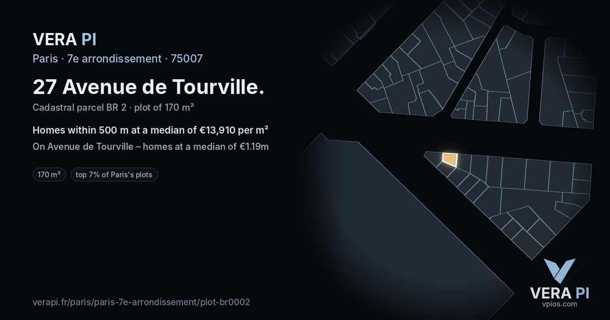 27 Avenue de Tourville, 7e arrondissement at night – the plot lit, the parcels around coloured by the prices near them