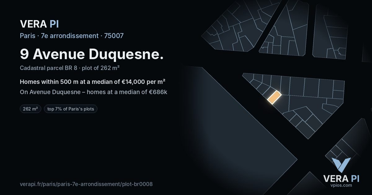 9 Avenue Duquesne, 7e arrondissement at night – the plot lit, the parcels around coloured by the prices near them