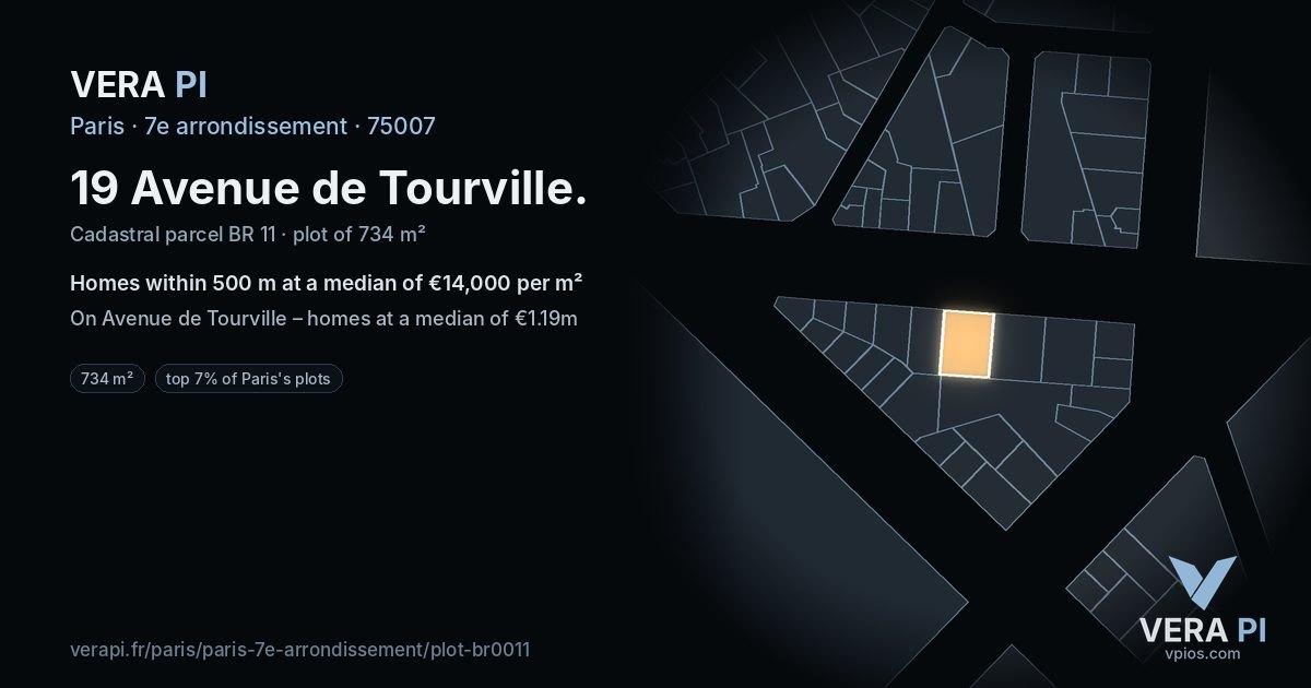 19 Avenue de Tourville, 7e arrondissement at night – the plot lit, the parcels around coloured by the prices near them