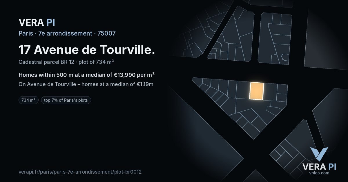 17 Avenue de Tourville, 7e arrondissement at night – the plot lit, the parcels around coloured by the prices near them