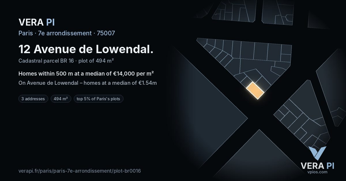 12 Avenue de Lowendal, 7e arrondissement at night – the plot lit, the parcels around coloured by the prices near them