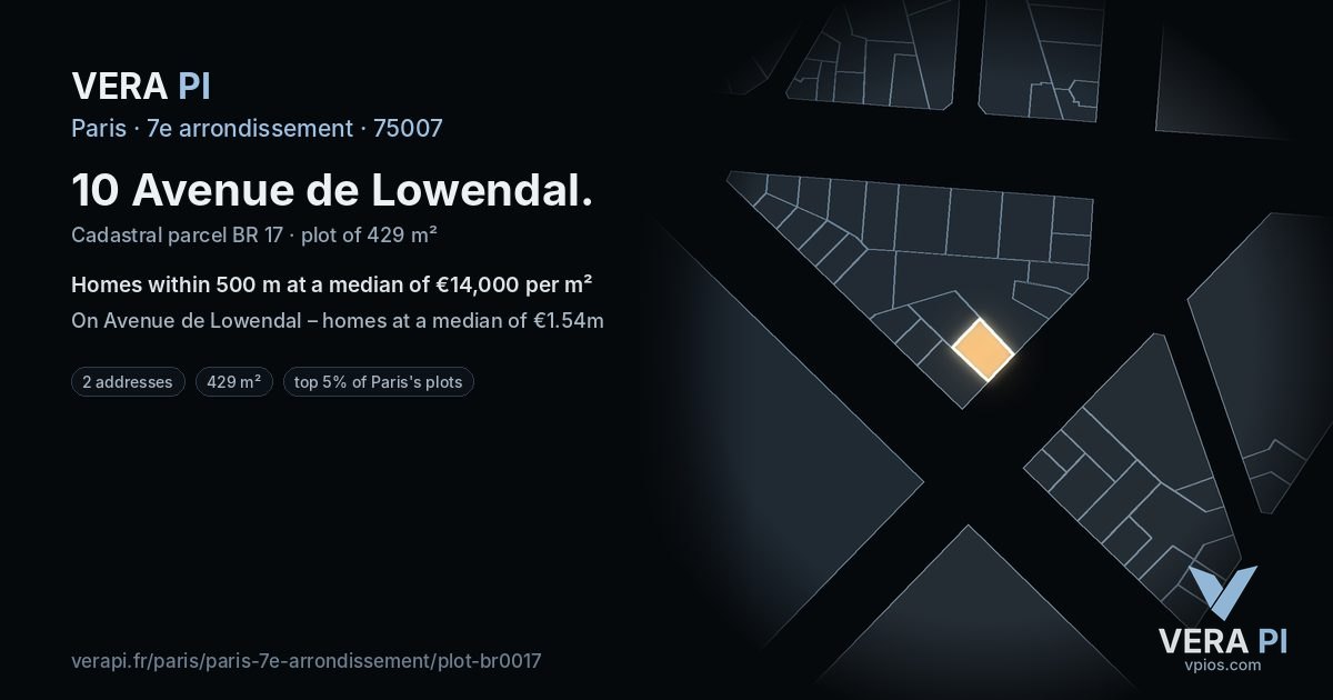 10 Avenue de Lowendal, 7e arrondissement at night – the plot lit, the parcels around coloured by the prices near them