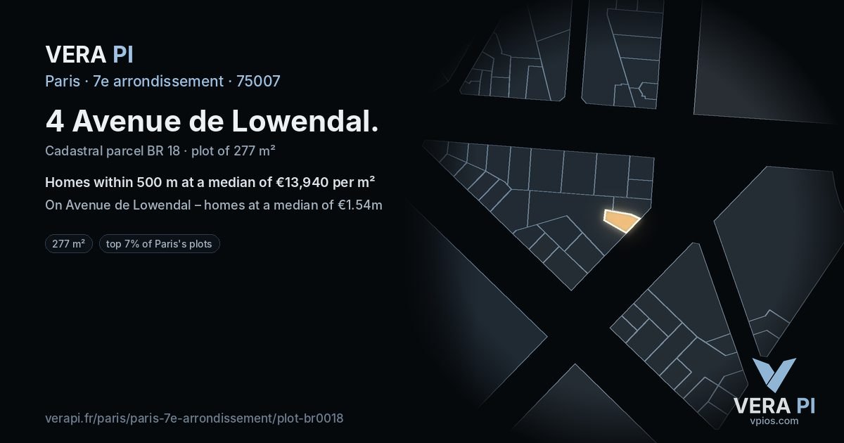 4 Avenue de Lowendal, 7e arrondissement at night – the plot lit, the parcels around coloured by the prices near them