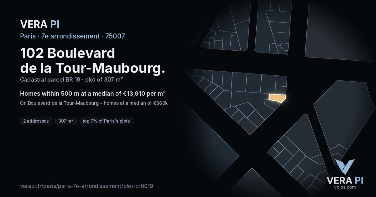102 Boulevard de la Tour-Maubourg, 7e arrondissement at night – the plot lit, the parcels around coloured by the prices near them