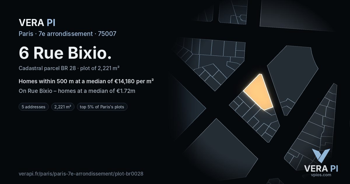 6 Rue Bixio, 7e arrondissement at night – the plot lit, the parcels around coloured by the prices near them