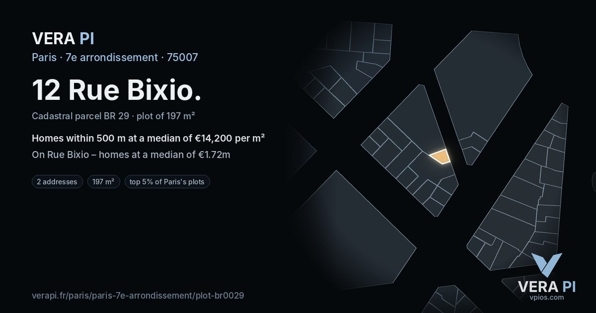 12 Rue Bixio, 7e arrondissement at night – the plot lit, the parcels around coloured by the prices near them
