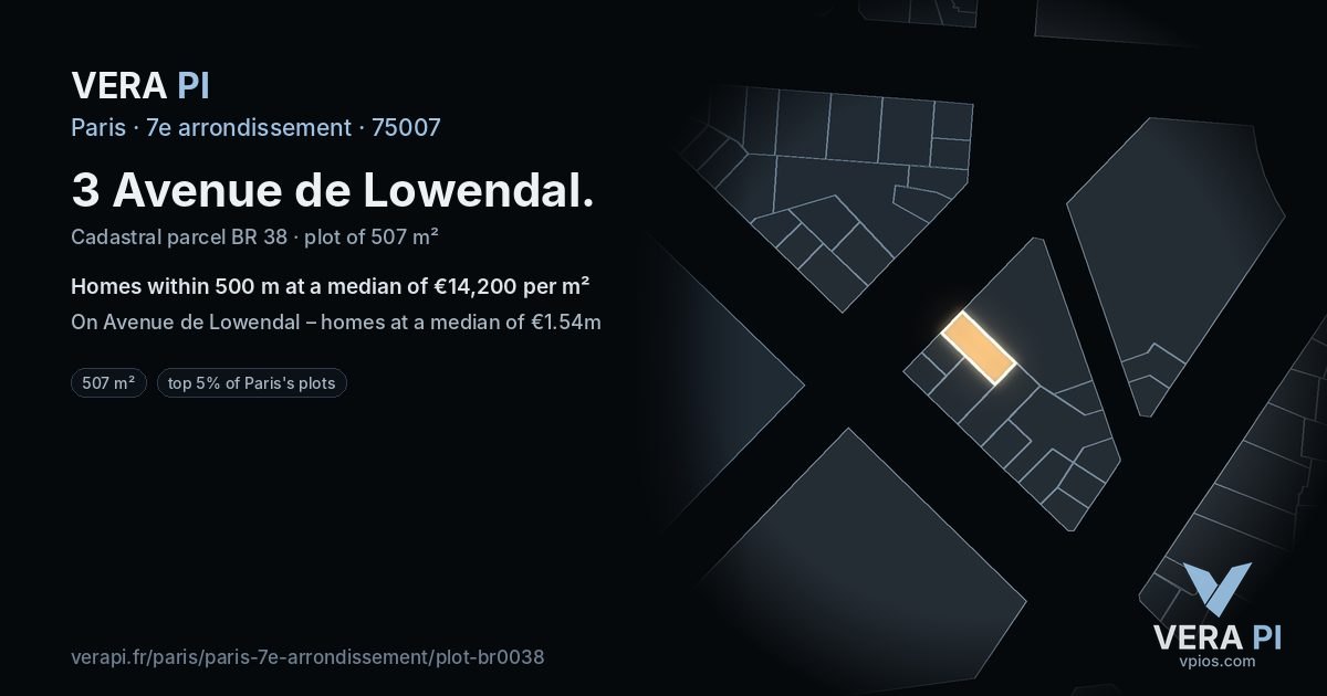 3 Avenue de Lowendal, 7e arrondissement at night – the plot lit, the parcels around coloured by the prices near them