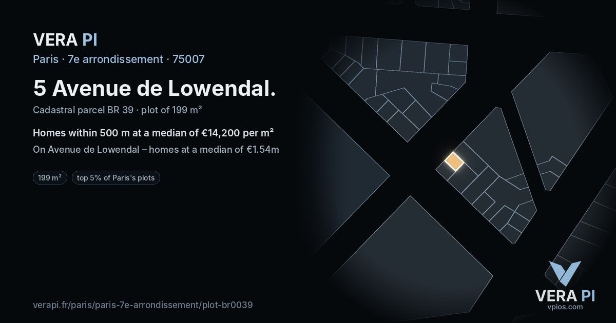 5 Avenue de Lowendal, 7e arrondissement at night – the plot lit, the parcels around coloured by the prices near them
