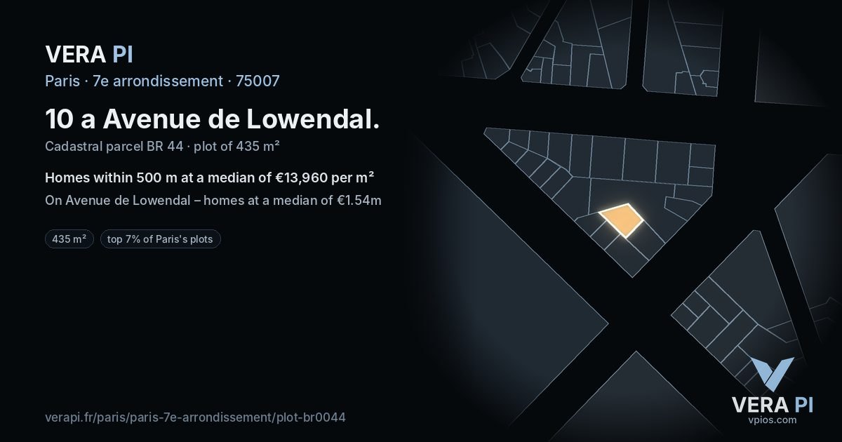 10 a Avenue de Lowendal, 7e arrondissement at night – the plot lit, the parcels around coloured by the prices near them