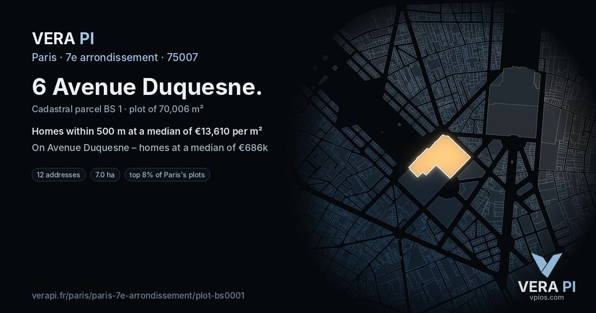 6 Avenue Duquesne, 7e arrondissement at night – the plot lit, the parcels around coloured by the prices near them