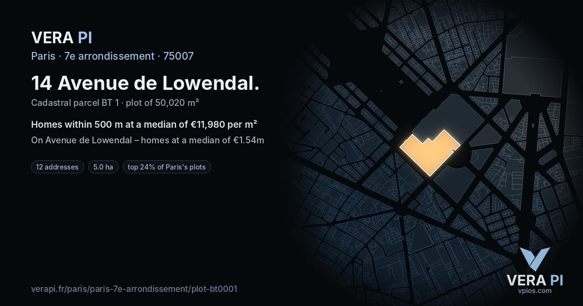14 Avenue de Lowendal, 7e arrondissement at night – the plot lit, the parcels around coloured by the prices near them