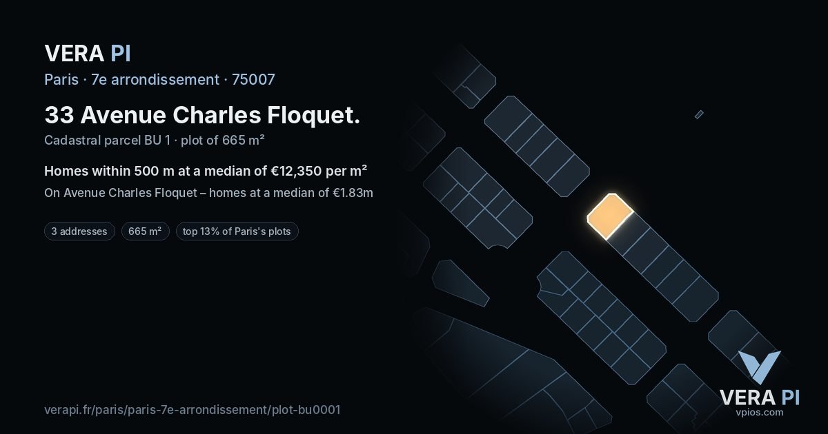 33 Avenue Charles Floquet, 7e arrondissement at night – the plot lit, the parcels around coloured by the prices near them