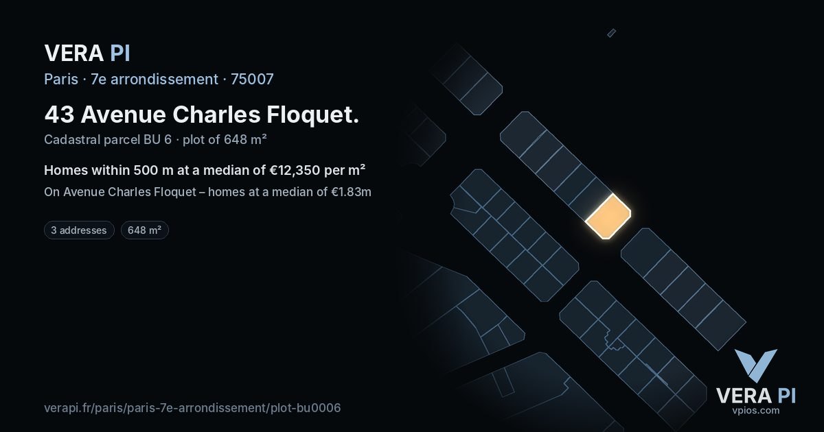 43 Avenue Charles Floquet, 7e arrondissement at night – the plot lit, the parcels around coloured by the prices near them