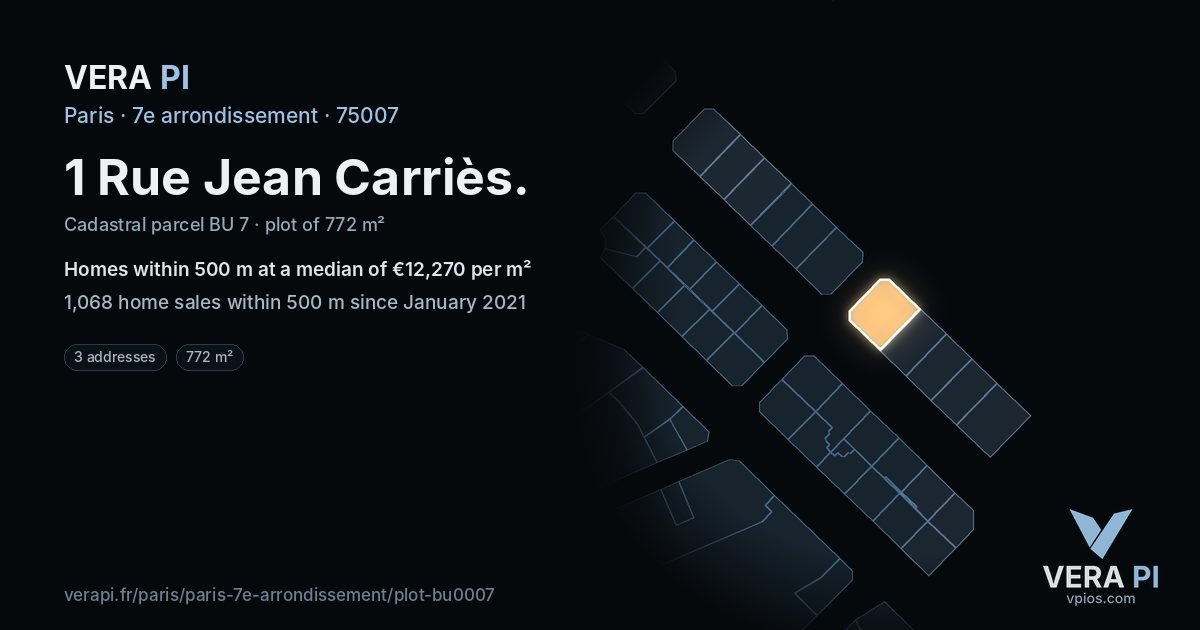 1 Rue Jean Carriès, 7e arrondissement at night – the plot lit, the parcels around coloured by the prices near them