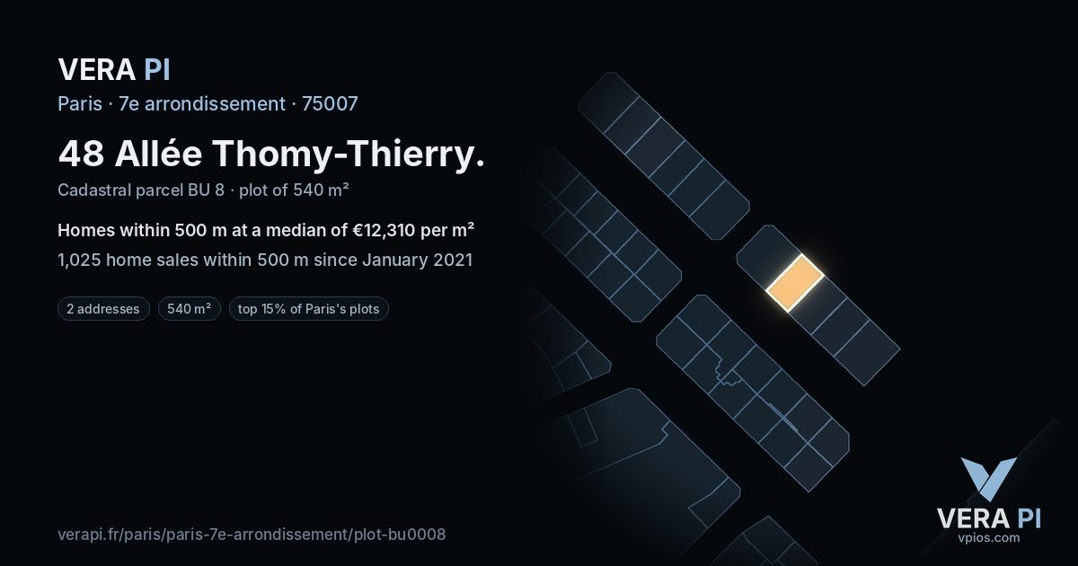 48 Allée Thomy-Thierry, 7e arrondissement at night – the plot lit, the parcels around coloured by the prices near them