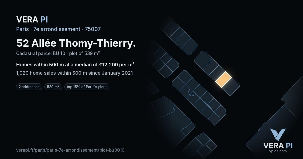 52 Allée Thomy-Thierry, 7e arrondissement at night – the plot lit, the parcels around coloured by the prices near them
