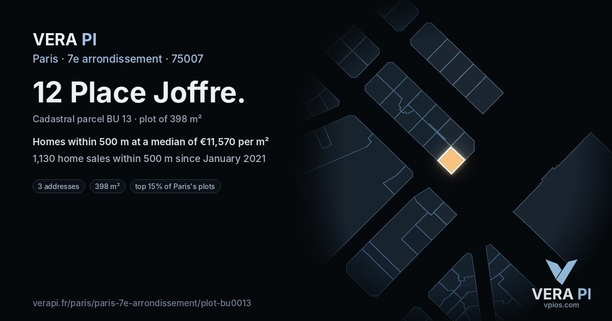 12 Place Joffre, 7e arrondissement at night – the plot lit, the parcels around coloured by the prices near them