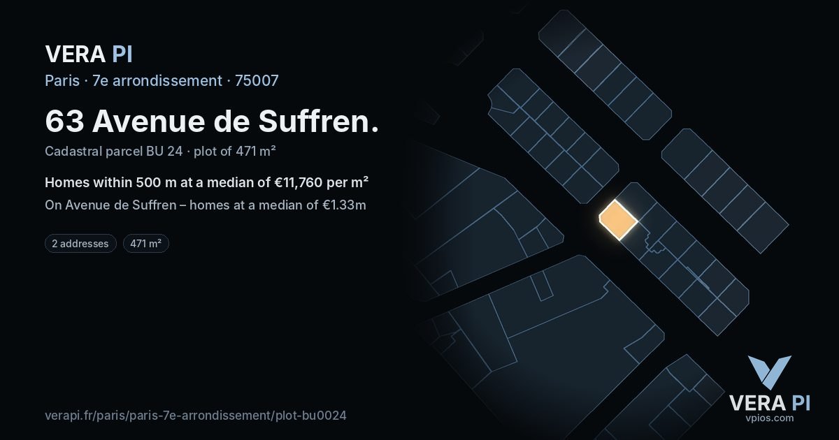 63 Avenue de Suffren, 7e arrondissement at night – the plot lit, the parcels around coloured by the prices near them