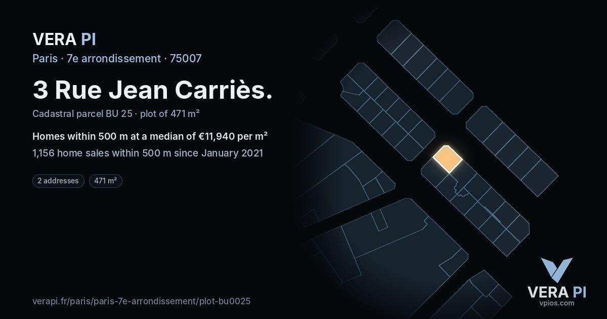 3 Rue Jean Carriès, 7e arrondissement at night – the plot lit, the parcels around coloured by the prices near them