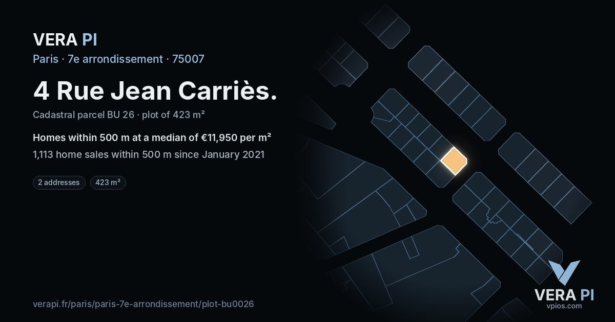 4 Rue Jean Carriès, 7e arrondissement at night – the plot lit, the parcels around coloured by the prices near them