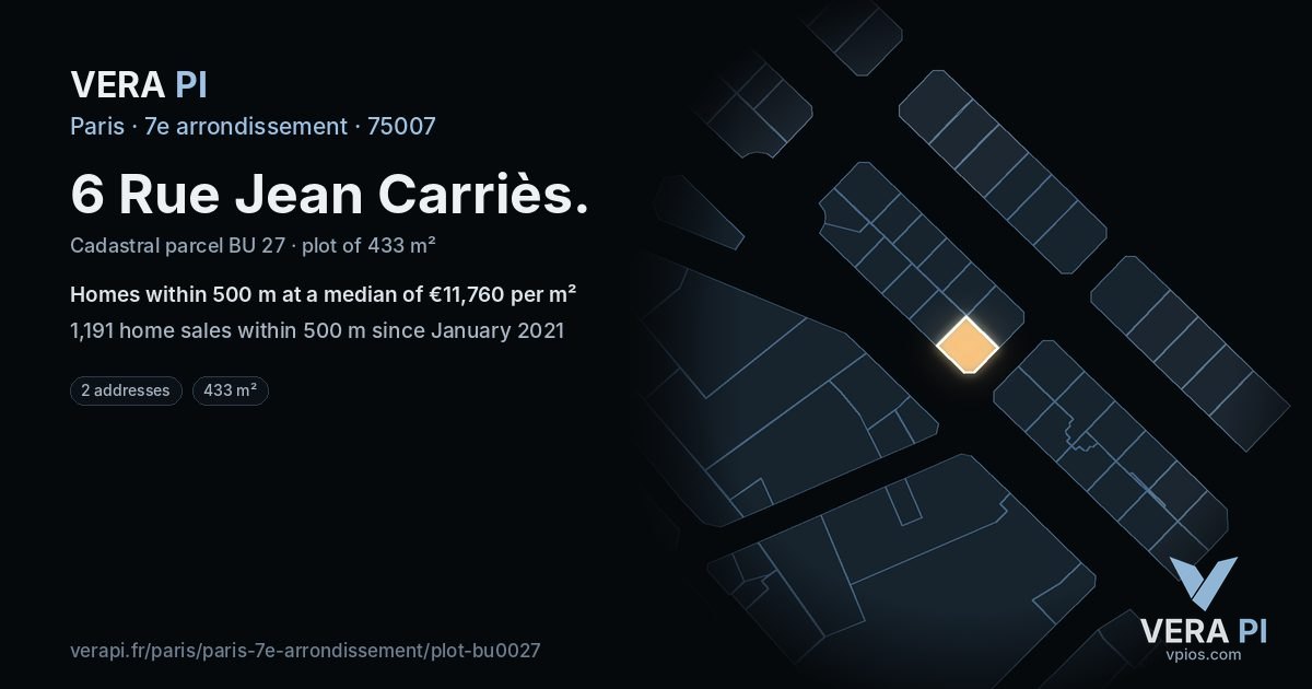 6 Rue Jean Carriès, 7e arrondissement at night – the plot lit, the parcels around coloured by the prices near them