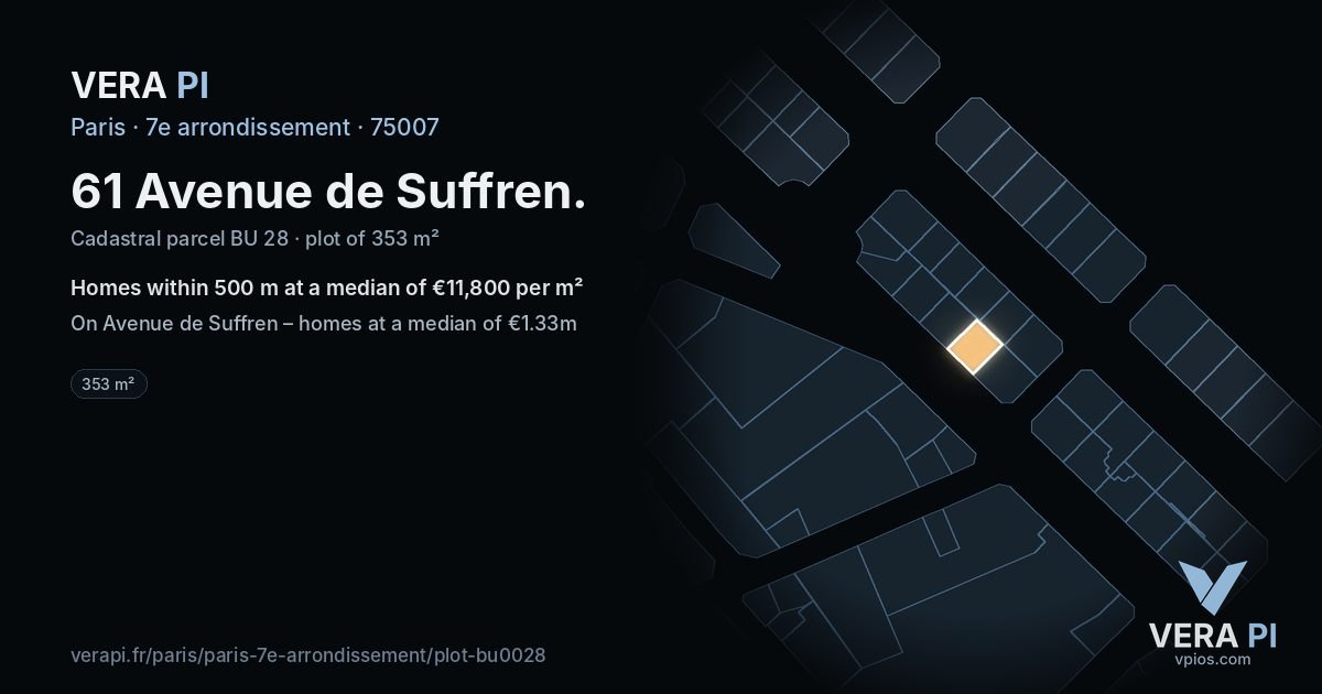 61 Avenue de Suffren, 7e arrondissement at night – the plot lit, the parcels around coloured by the prices near them