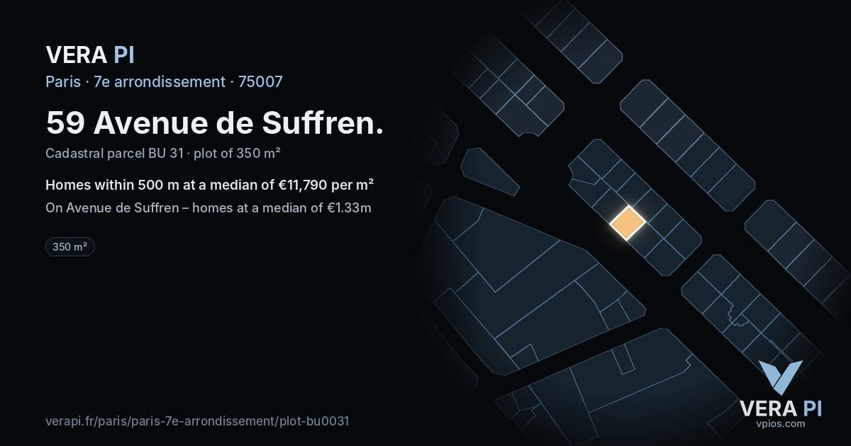 59 Avenue de Suffren, 7e arrondissement at night – the plot lit, the parcels around coloured by the prices near them