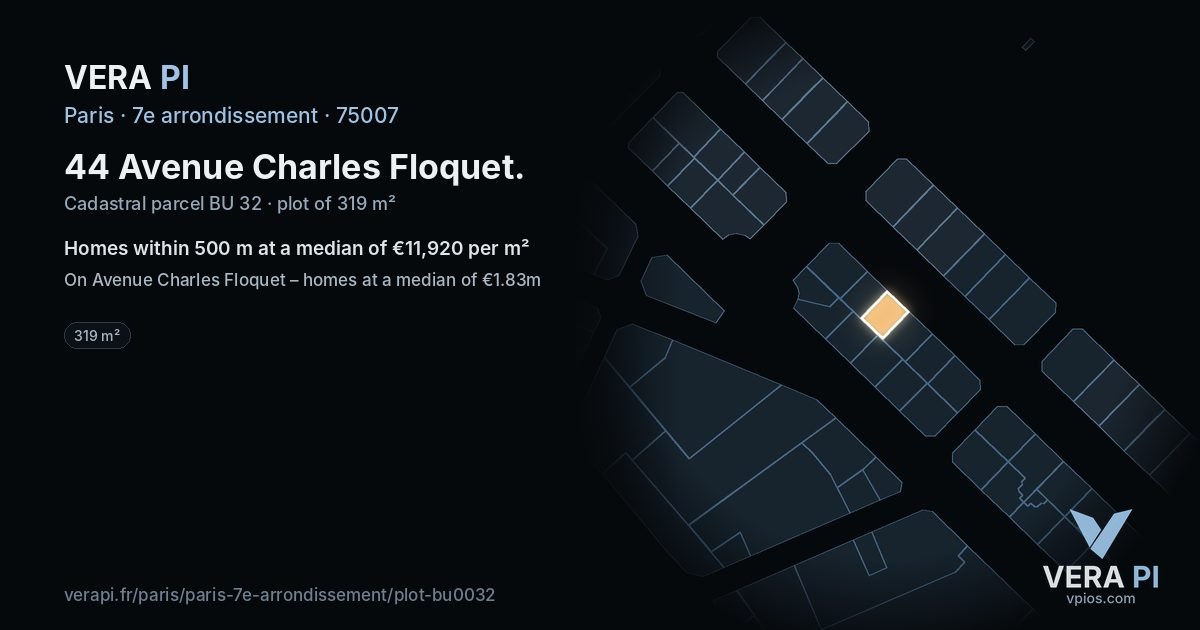 44 Avenue Charles Floquet, 7e arrondissement at night – the plot lit, the parcels around coloured by the prices near them