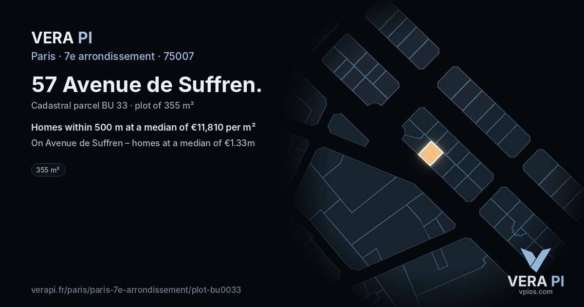 57 Avenue de Suffren, 7e arrondissement at night – the plot lit, the parcels around coloured by the prices near them