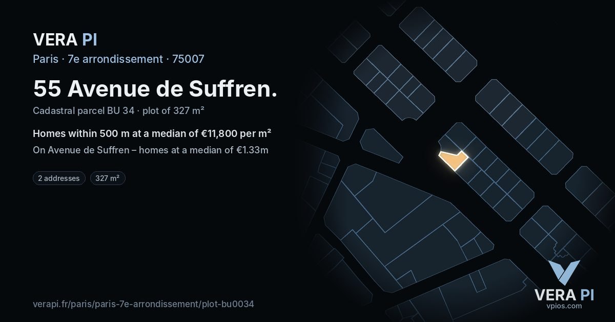55 Avenue de Suffren, 7e arrondissement at night – the plot lit, the parcels around coloured by the prices near them