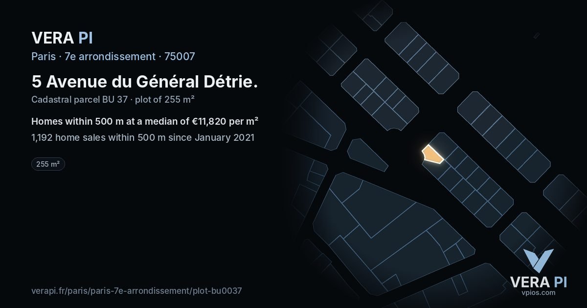 5 Avenue du Général Détrie, 7e arrondissement at night – the plot lit, the parcels around coloured by the prices near them