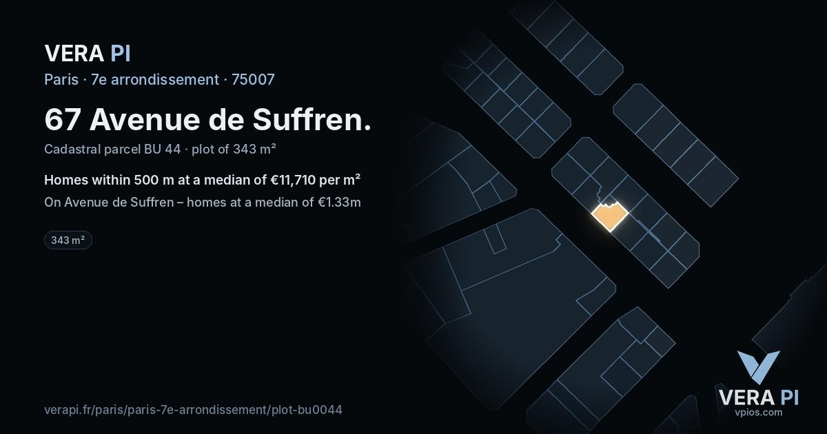 67 Avenue de Suffren, 7e arrondissement at night – the plot lit, the parcels around coloured by the prices near them