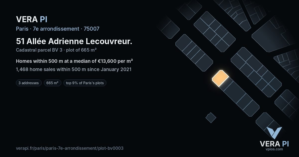 51 Allée Adrienne Lecouvreur, 7e arrondissement at night – the plot lit, the parcels around coloured by the prices near them