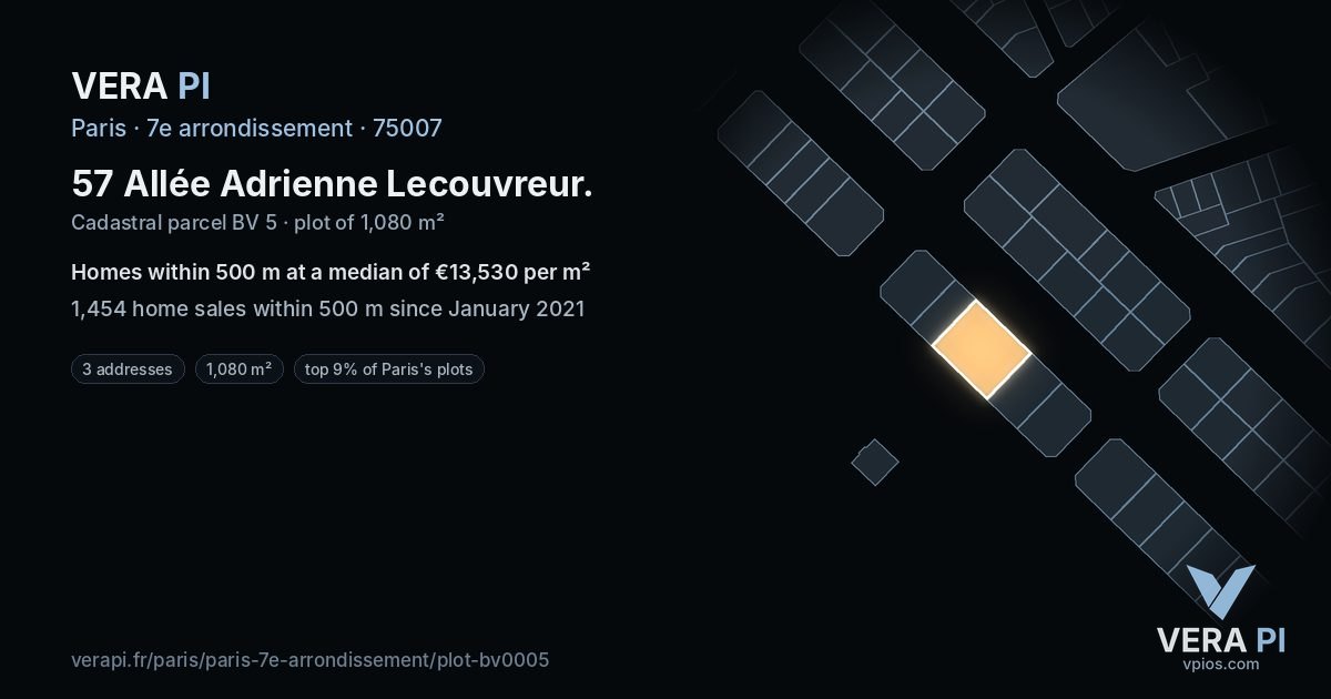 57 Allée Adrienne Lecouvreur, 7e arrondissement at night – the plot lit, the parcels around coloured by the prices near them