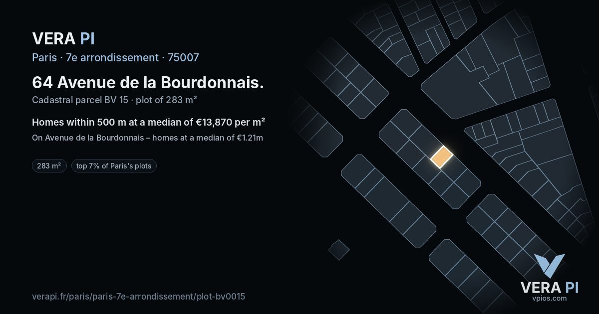 64 Avenue de la Bourdonnais, 7e arrondissement at night – the plot lit, the parcels around coloured by the prices near them