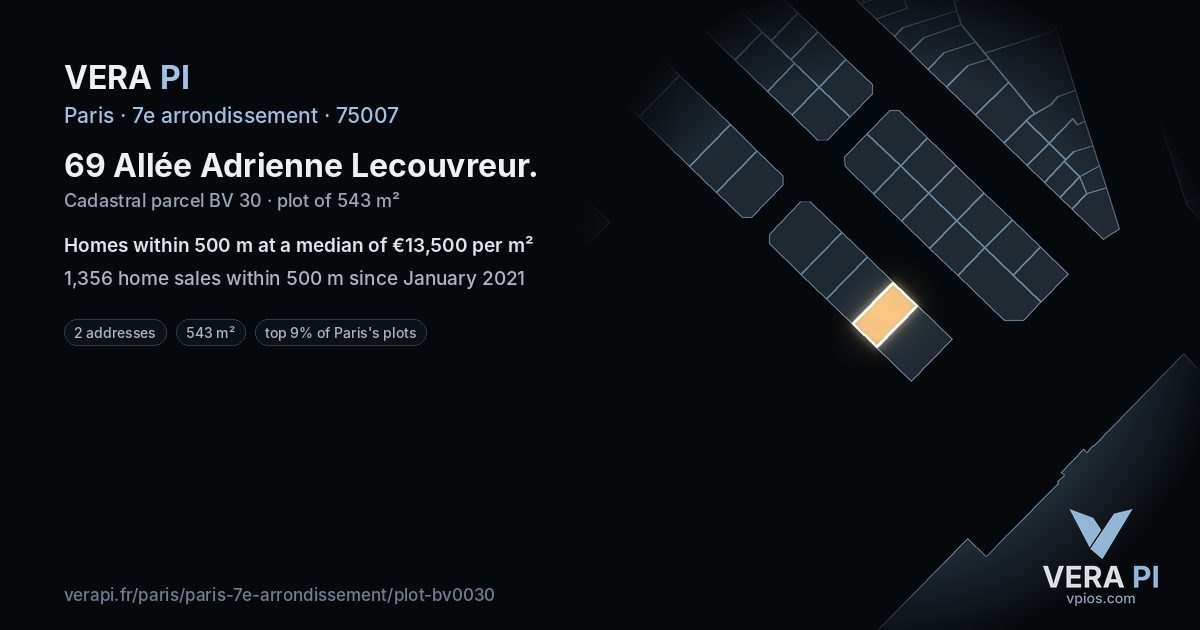 69 Allée Adrienne Lecouvreur, 7e arrondissement at night – the plot lit, the parcels around coloured by the prices near them