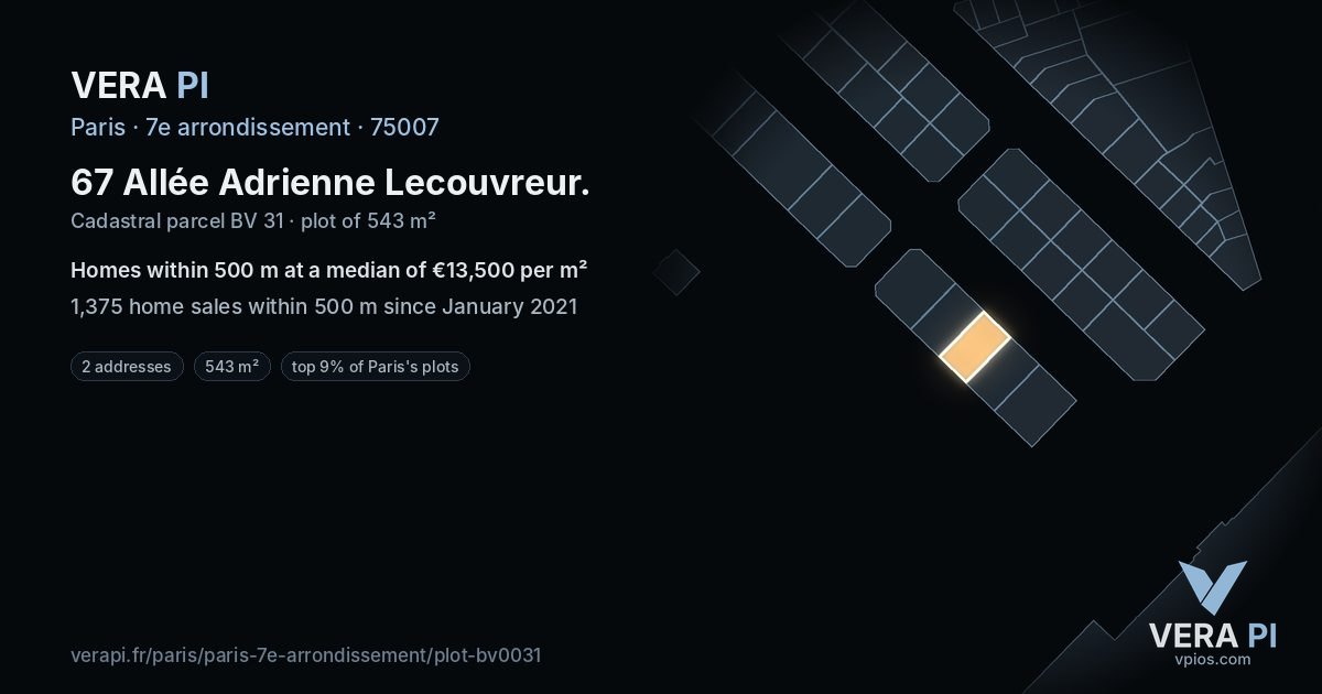 67 Allée Adrienne Lecouvreur, 7e arrondissement at night – the plot lit, the parcels around coloured by the prices near them