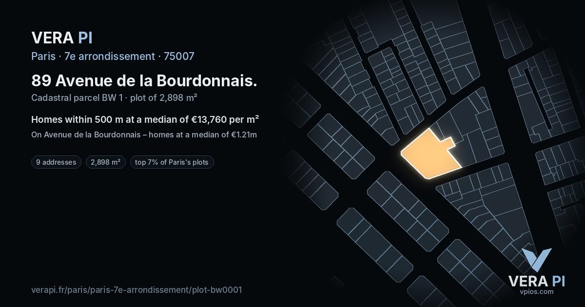 89 Avenue de la Bourdonnais, 7e arrondissement at night – the plot lit, the parcels around coloured by the prices near them