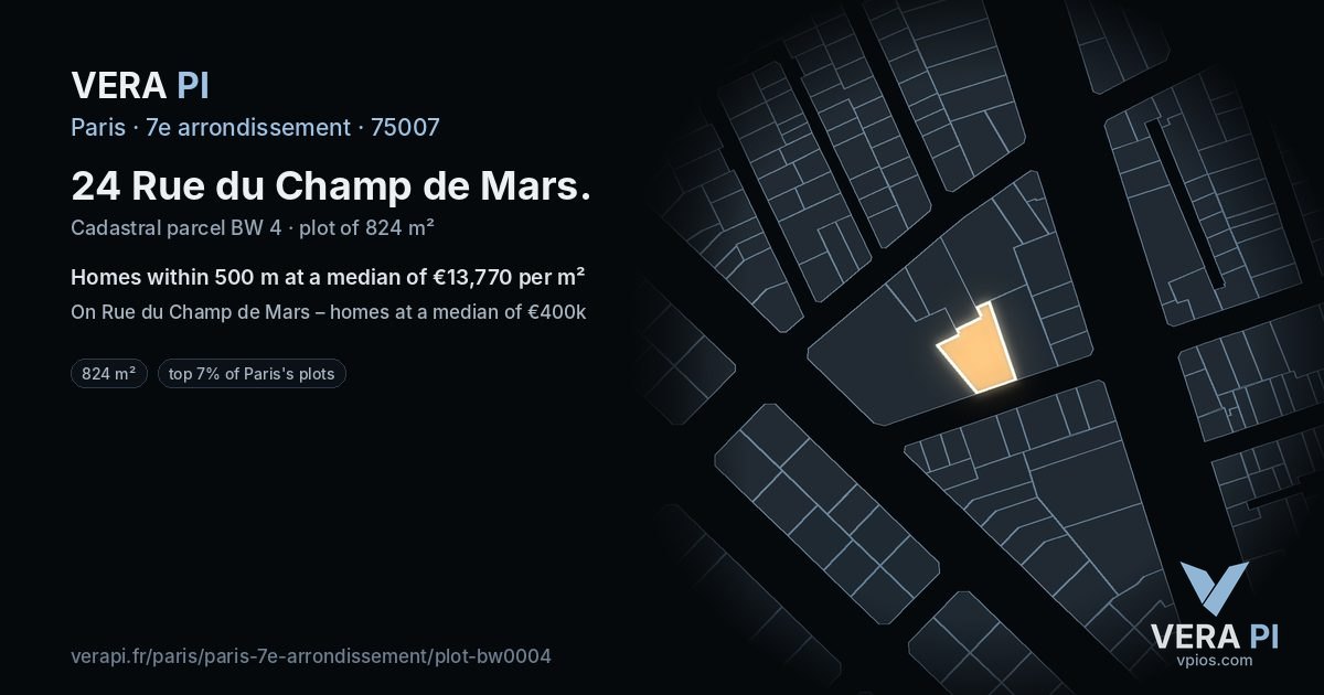 24 Rue du Champ de Mars, 7e arrondissement at night – the plot lit, the parcels around coloured by the prices near them